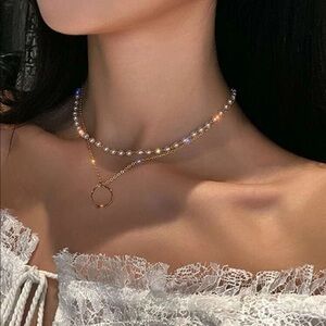 Gold Ring Faux Pearl Layered Necklace